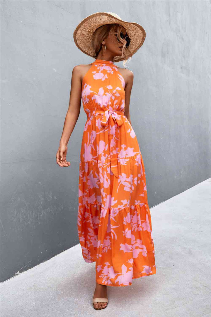 Printed Sleeveless Tie Waist Maxi Dress |1mrk.com