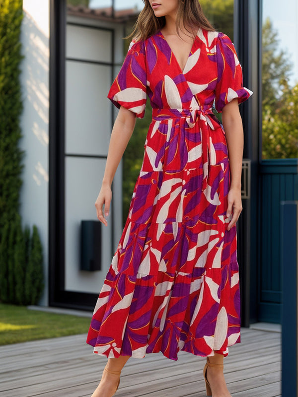 Tied Slit Printed Half Sleeve Midi Dress | Trendsi