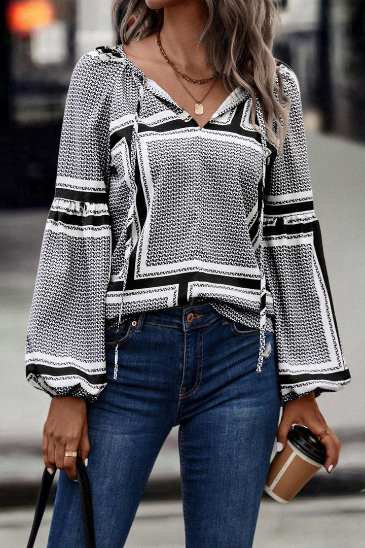 Printed Tie Neck Balloon Sleeve Blouse | Trendsi