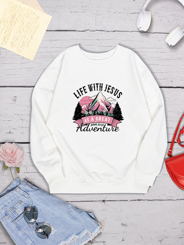 LIFE WITH JESUS IS A GREAT ADVENTURE Round Neck Sweatshirt | Trendsi