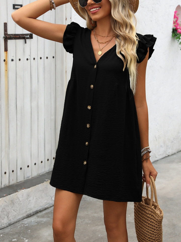 Button Up V-Neck Cap Sleeve Mini Dress | Trendsi