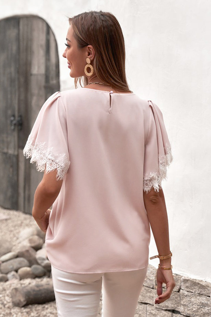 Lace Trim Flutter Sleeve Blouse | Trendsi