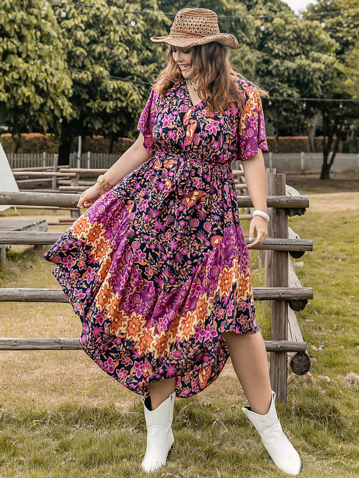 Plus Size Printed V-Neck Flutter Sleeve Midi Dress | Trendsi