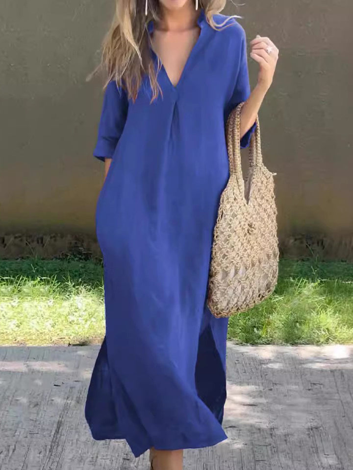 Full Size Notched Half Sleeve Midi Dress | Trendsi