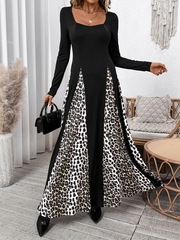 Perfee Leopard Square Neck Long Sleeve Maxi Dress | Trendsi