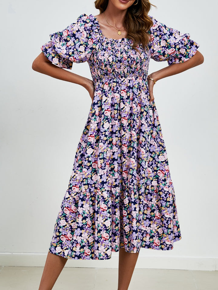 Smocked Floral Square Neck Short Sleeve Dress | Trendsi