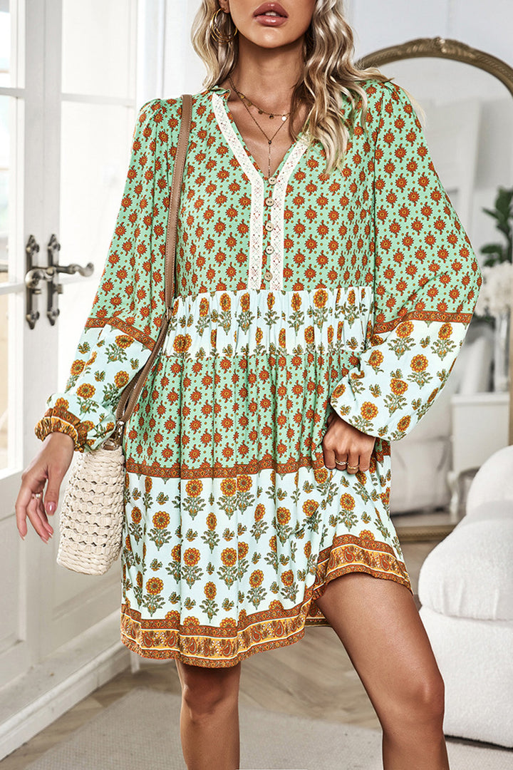 Printed V-Neck Long Sleeve Dress | Trendsi