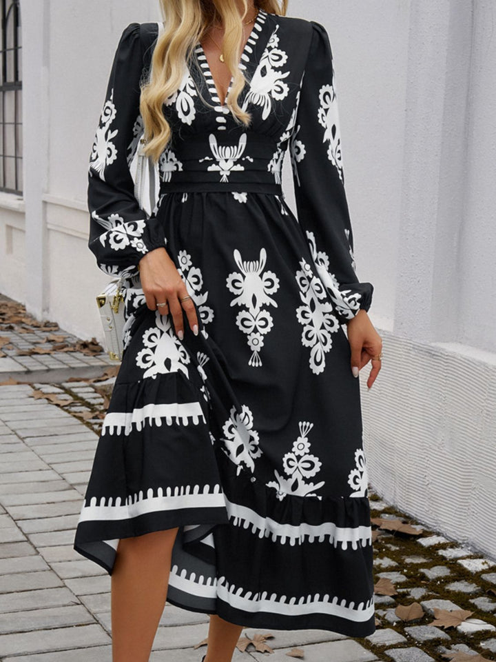 Devine Ruffled Printed Plunge Long Sleeve Dress | Trendsi