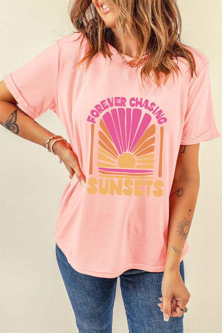 FOREVER CHASING SUNSETS Round Neck T-Shirt | Trendsi