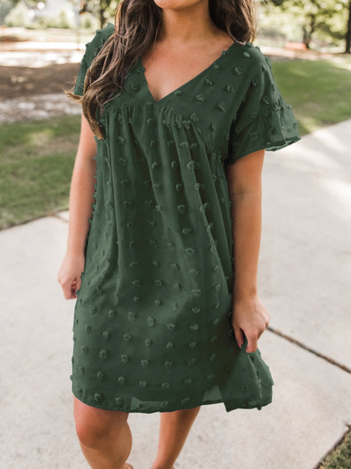 Swiss Dot V-Neck Short Sleeve Mini Dress | Trendsi