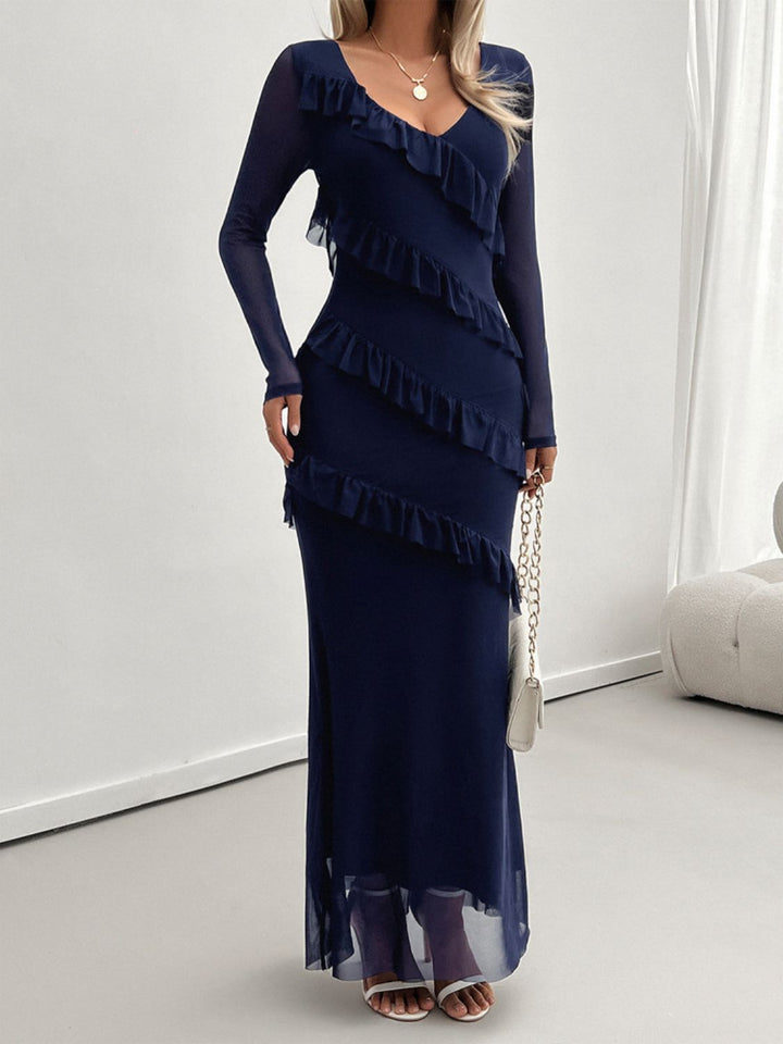 Devine Ruffled Surplice Long Sleeve Maxi Dress | Trendsi