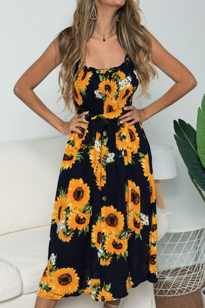 Smocked Sunflower Printed Sleeveless Cami Dress | Trendsi