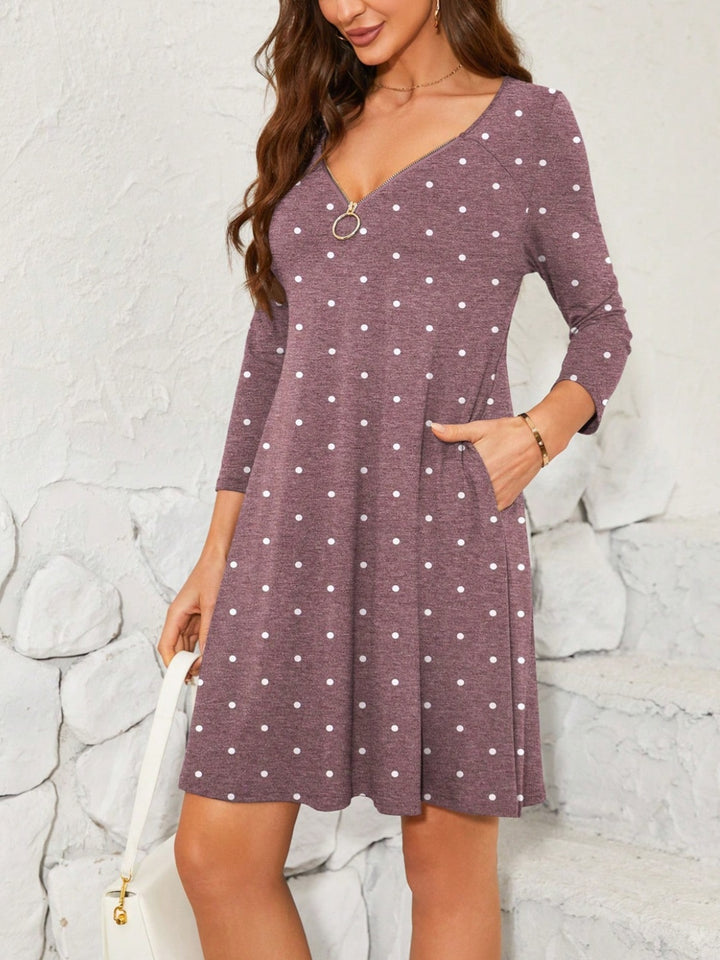 Polka Dot Quarter Zip Long Sleeve Dress | Trendsi