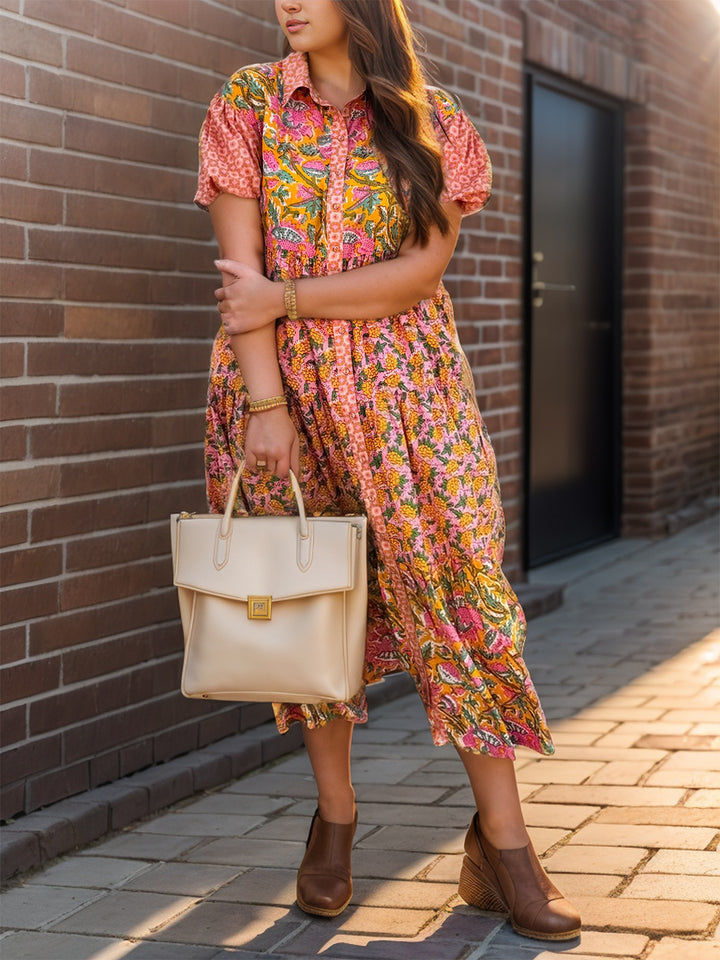 Printed Collared Neck Short Sleeve Midi Dress | Trendsi