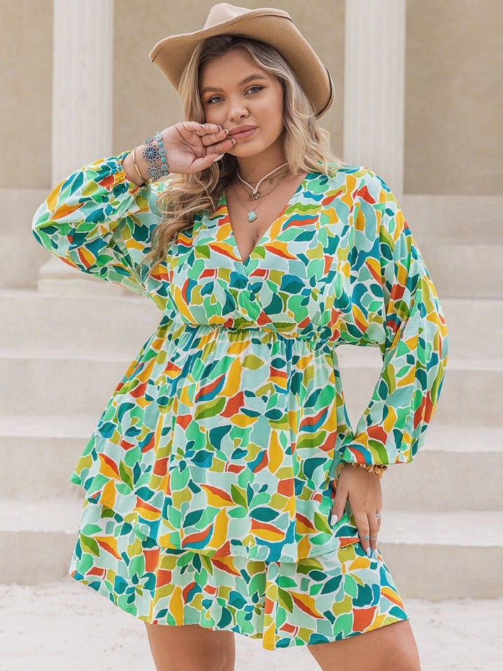 Plus Size Printed Surplice Long Sleeve Mini Dress | Trendsi