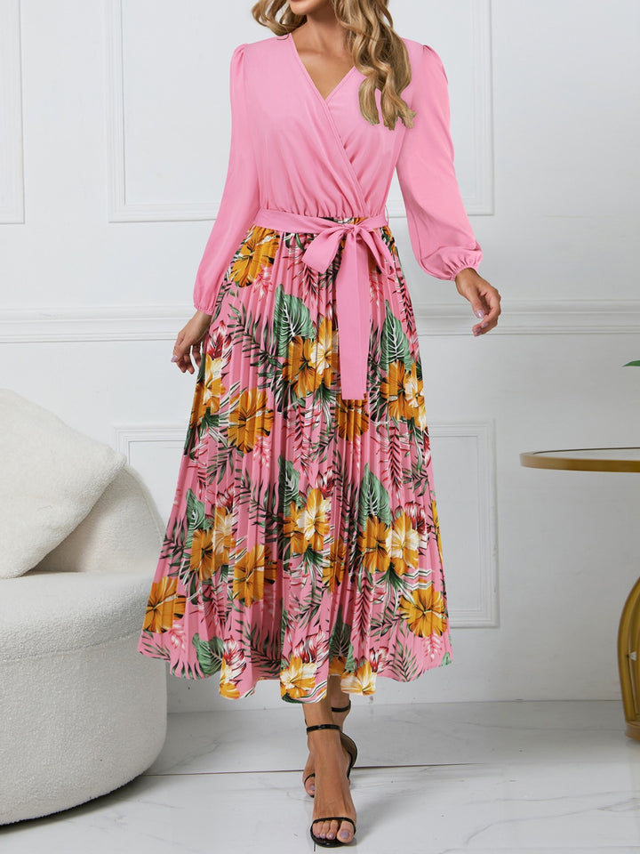 Pleated Printed Surplice Long Sleeve Dress | Trendsi