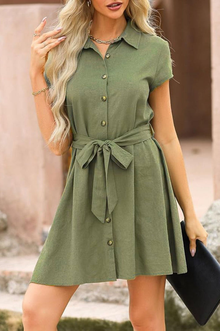 Tied Button Up Short Sleeve Dress | Trendsi