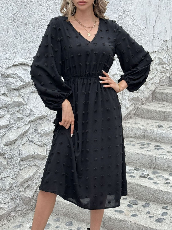 Full Size Swiss Dot V-Neck Long Sleeve Midi Dress | Trendsi