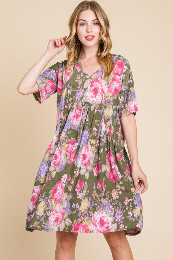 BOMBOM Flower Print V-Neck Ruched Dress | Trendsi