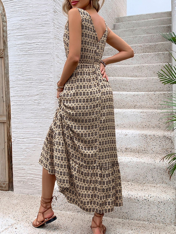 Printed V-Neck Tie Waist Midi Dress | Trendsi