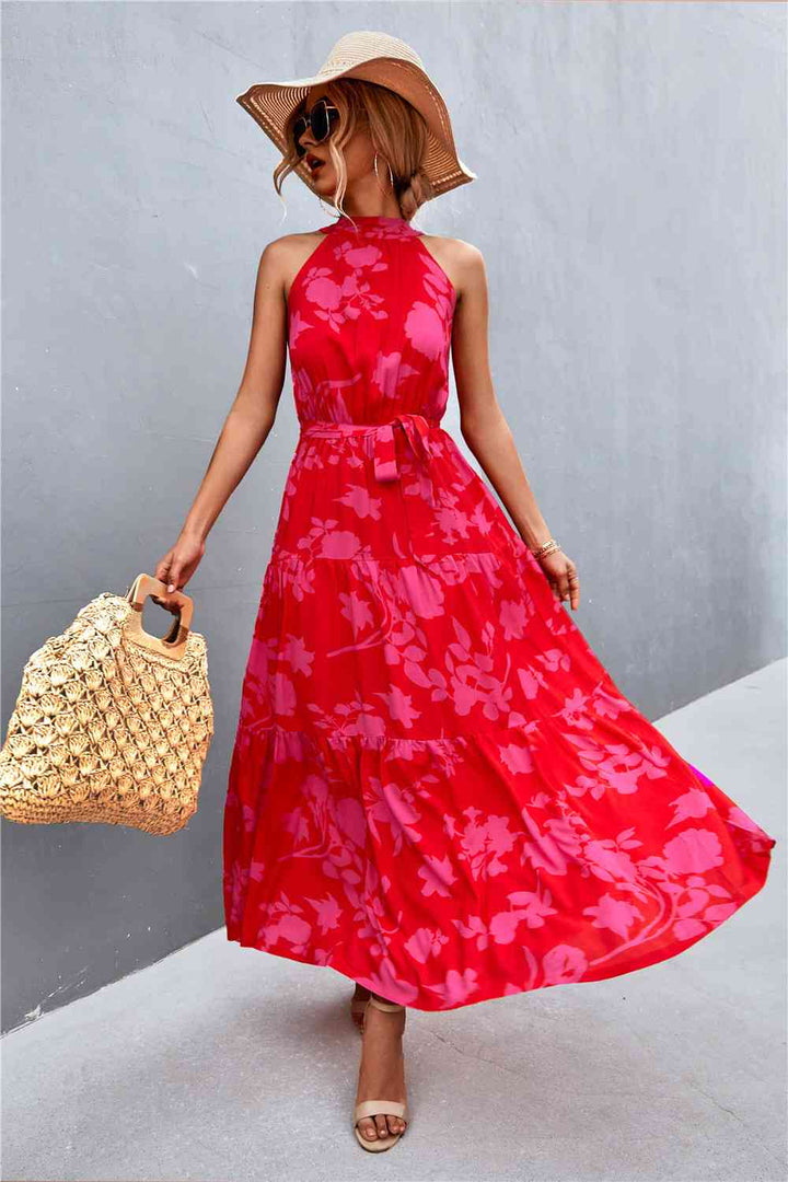 Printed Sleeveless Tie Waist Maxi Dress |1mrk.com