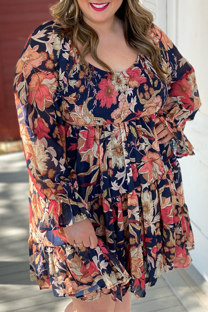 Plus Size Smocked Printed Long Sleeve Dress | Trendsi