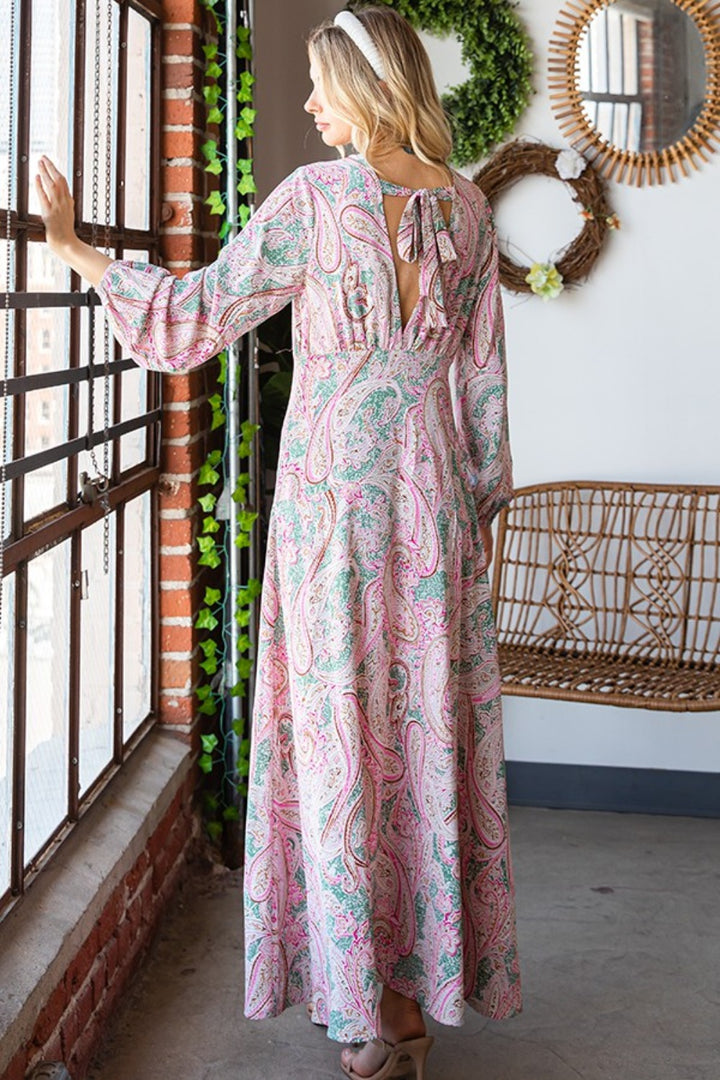 First Love Paisley Print Tie-Back Long Sleeve Maxi Dress | Trendsi