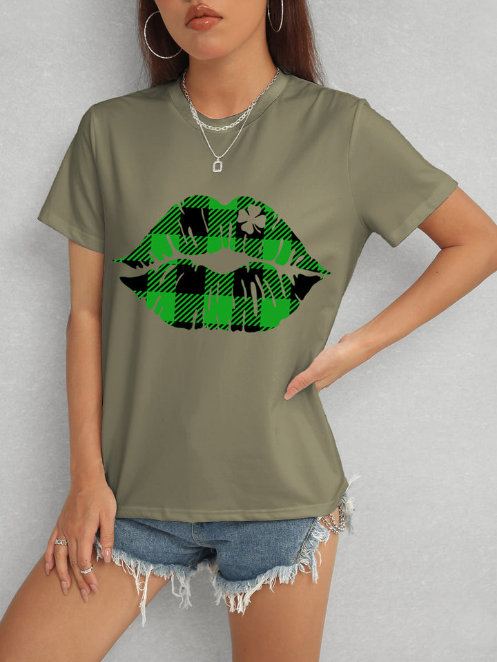 Plaid Lip Graphic Round Neck T-Shirt | Trendsi