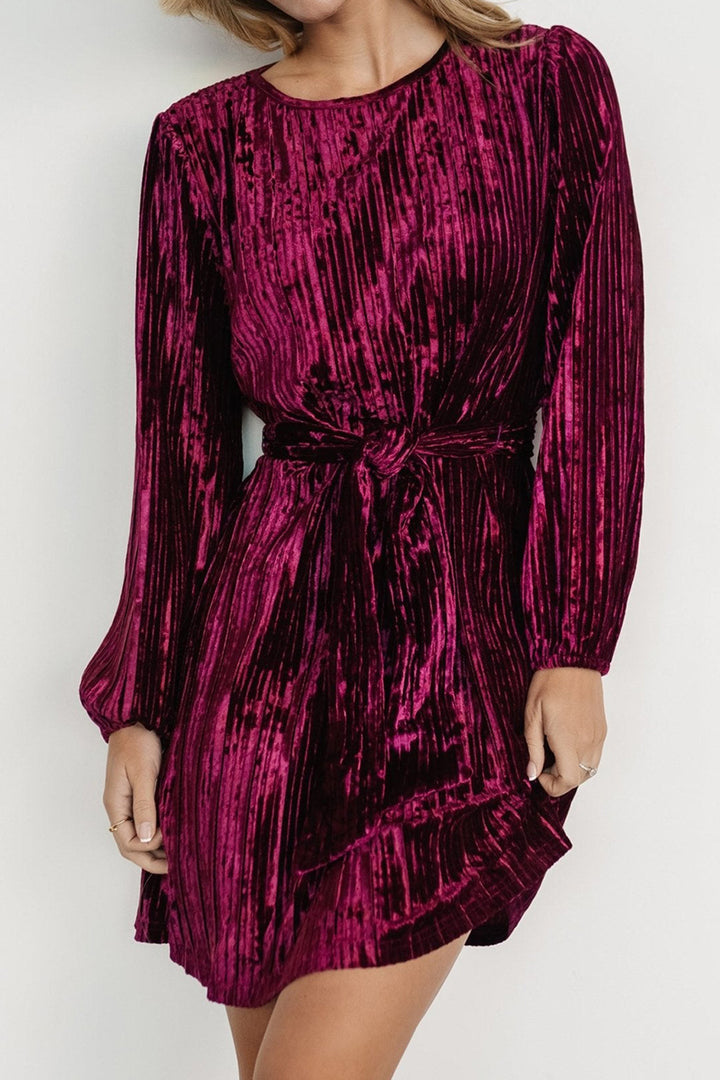 Velvet Round Neck Tie Waist Long Sleeve Mini Dress | Trendsi