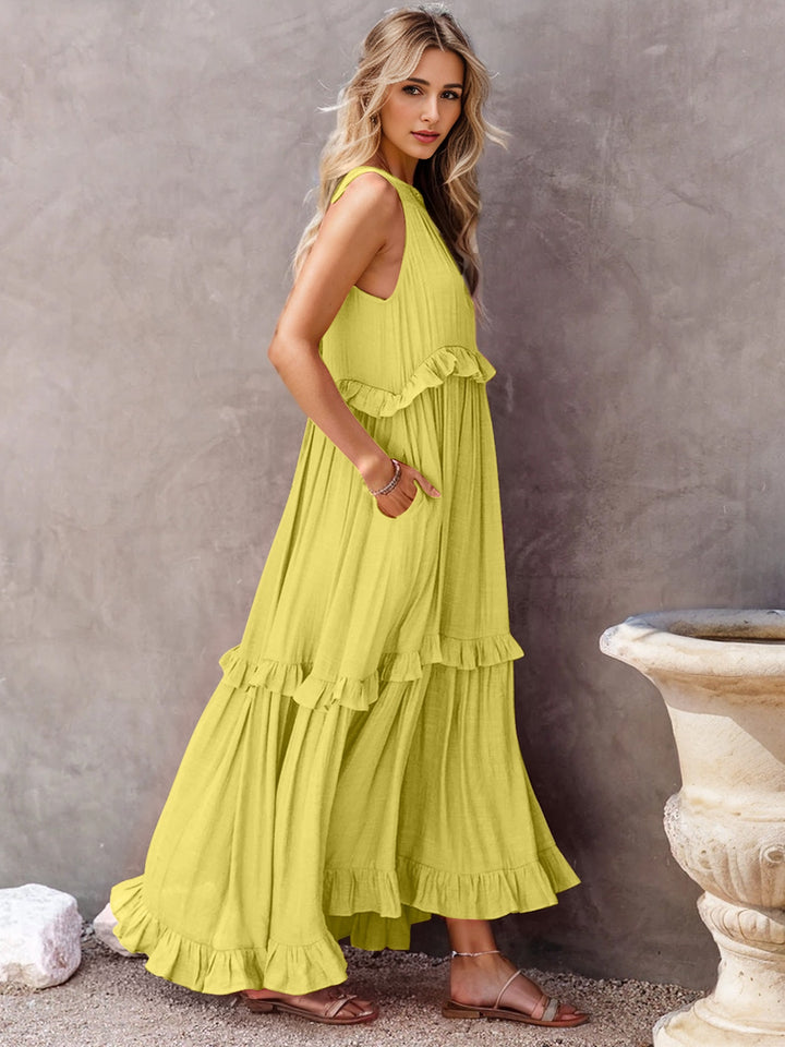 Ruffled Sleeveless Tiered Maxi Dress with Pockets | Trendsi