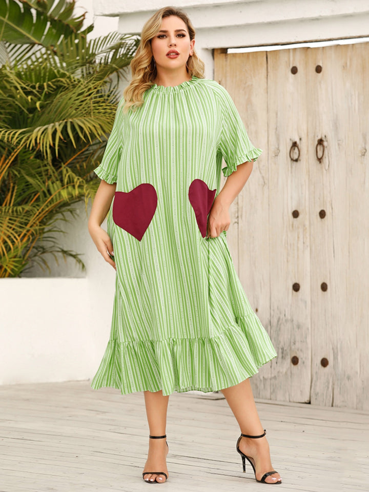 Plus Size Frill Heart Striped Half Sleeve Dress | Trendsi