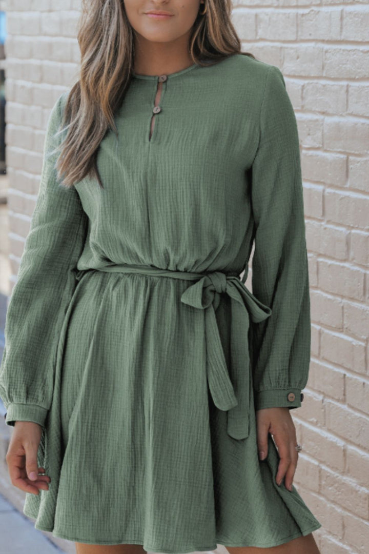 Round Neck Long Sleeve Tie Waist Dress | Trendsi