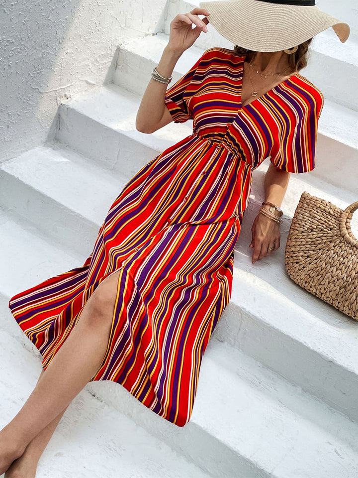 Slit Striped V-Neck Short Sleeve Midi Dress | Trendsi