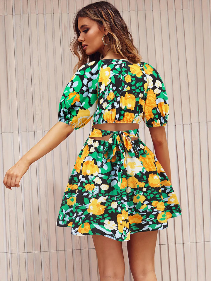 Printed Surplice Short Sleeve Dress | Trendsi