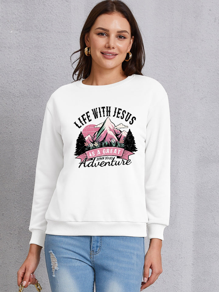 LIFE WITH JESUS IS A GREAT ADVENTURE Round Neck Sweatshirt | Trendsi