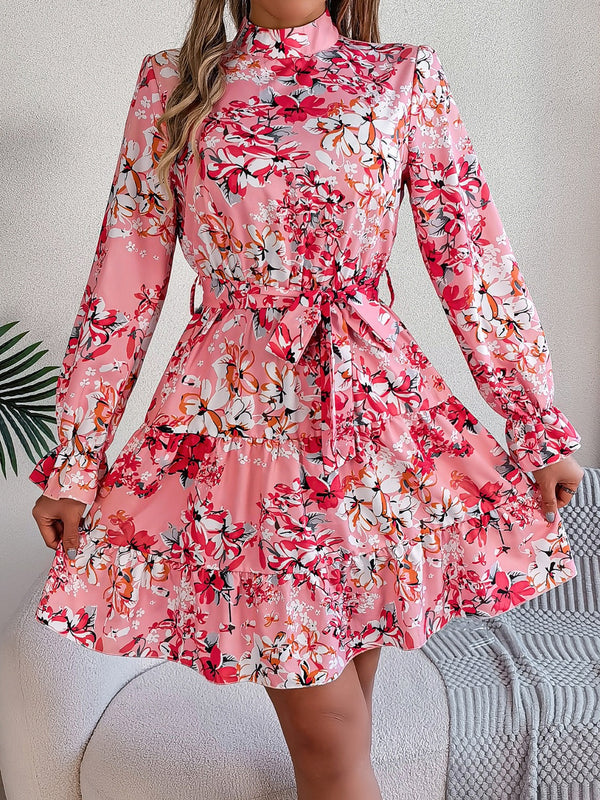 Printed Mock Neck Flounce Sleeve Mini Dress | Trendsi