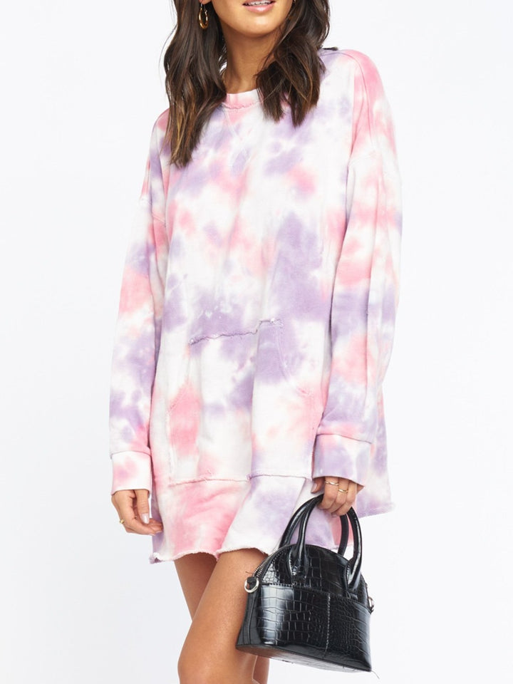 Pocketed Tie-Dye Round Neck Long Sleeve Dress | Trendsi