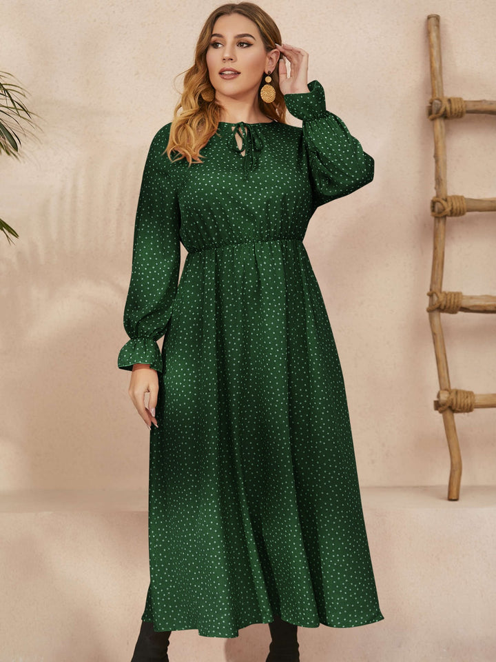 Plus Size Ruffled Polka Dot Long Sleeve Midi Dress | Trendsi