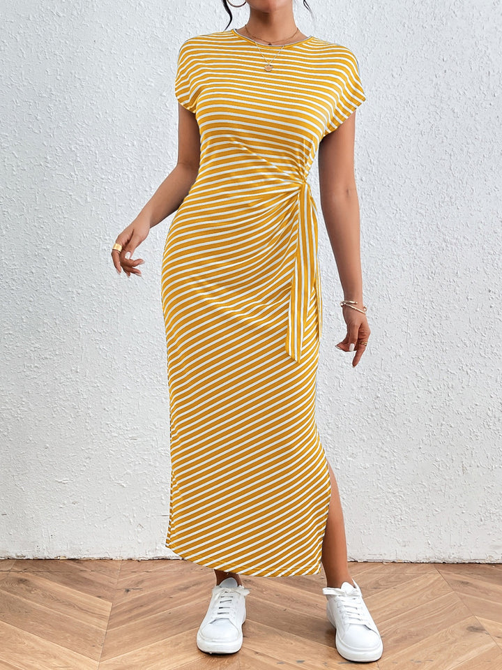 Tied Striped Round Neck Short Sleeve Tee Dress | Trendsi