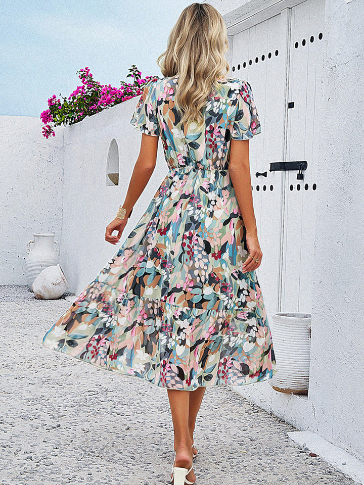 Printed V-Neck Flutter Sleeve Midi Dress | Trendsi