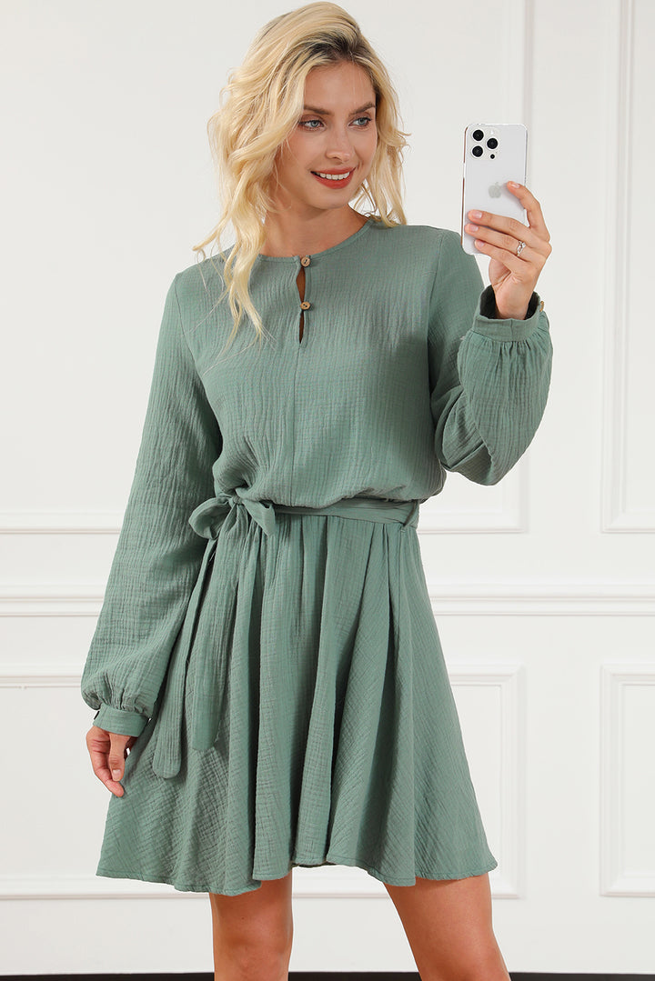 Round Neck Long Sleeve Tie Waist Dress | Trendsi