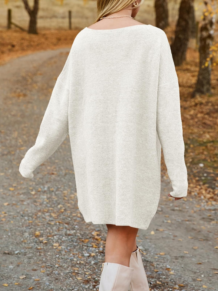 V-Neck Dropped Shoulder Sweater Dress | Trendsi