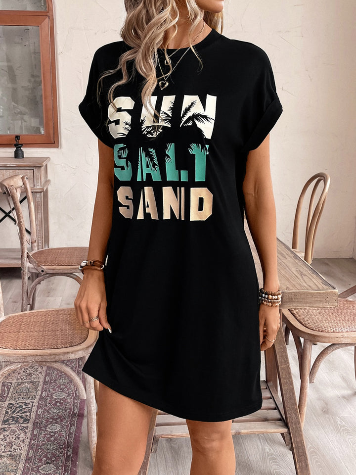 Letter Graphic Round Neck Short Sleeve Mini Tee Dress | Trendsi