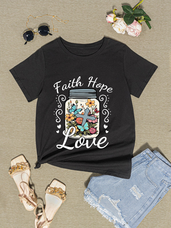 FAITH HOPE LOVE Round Neck T-Shirt | Trendsi