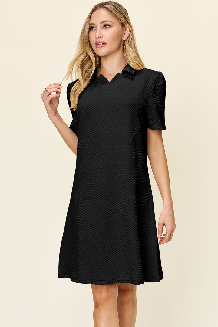 Double Take Full Size Texture Collared Neck Short Sleeve Dress | Trendsi