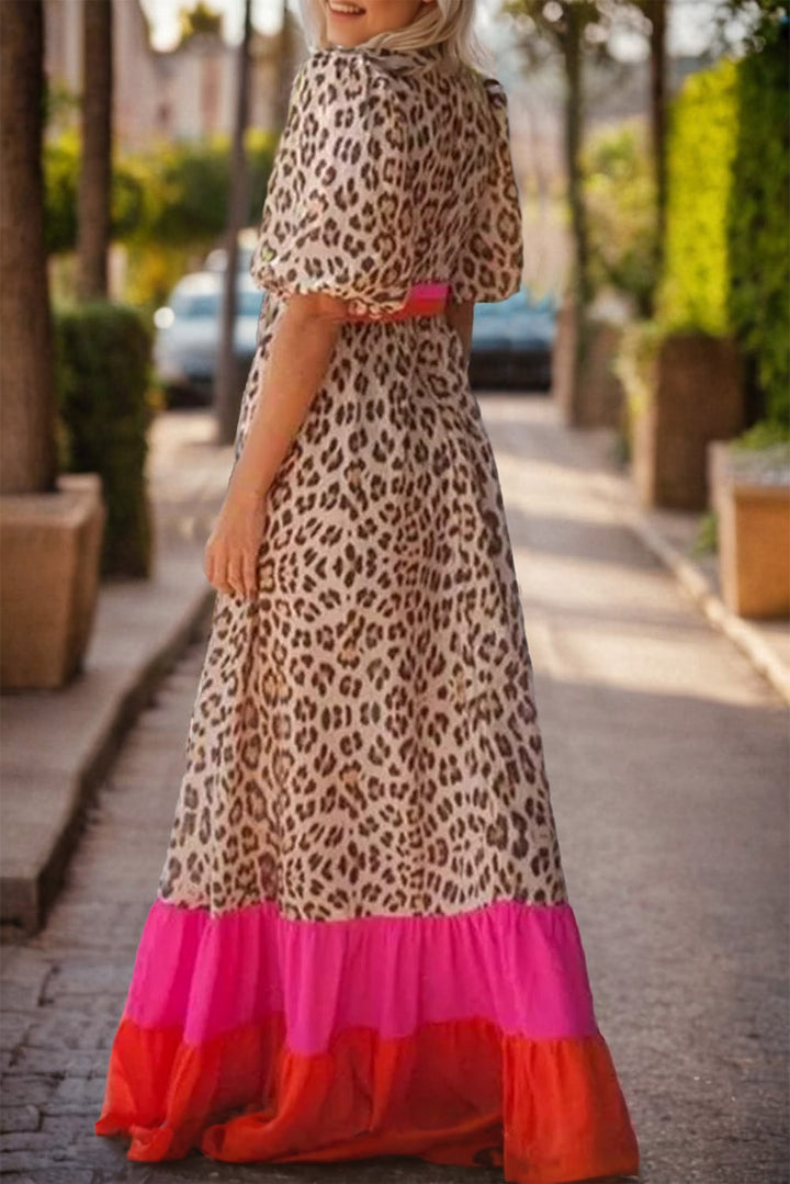 Full Size Leopard V-Neck Half Sleeve Maxi Dress | Trendsi