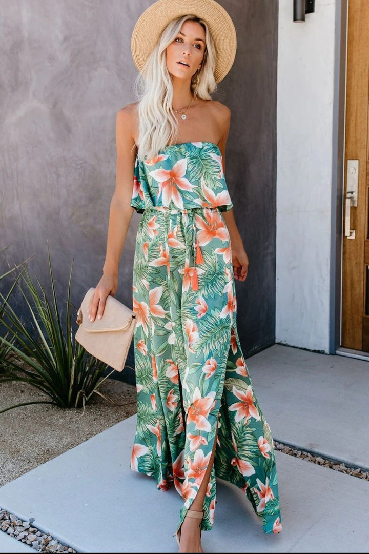 Slit Tropical Sleeveless Tube Dress | Trendsi