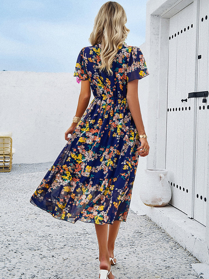 Printed V-Neck Flutter Sleeve Midi Dress | Trendsi