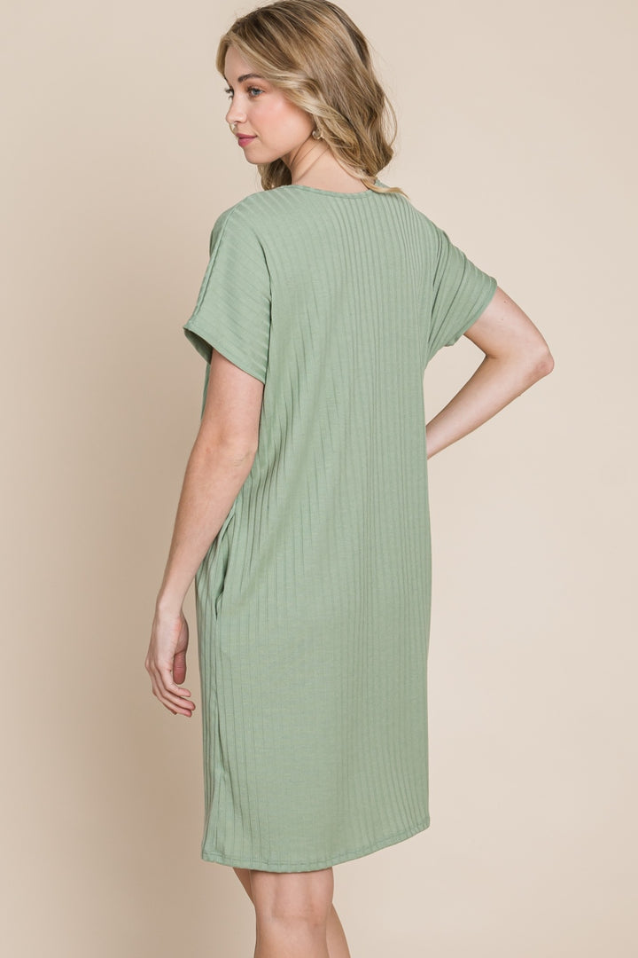 BOMBOM Ribbed Round Neck Short Sleeve Dress | Trendsi