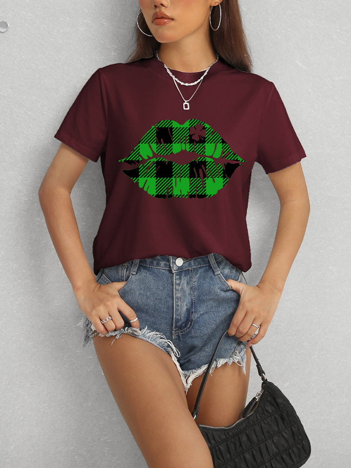 Plaid Lip Graphic Round Neck T-Shirt | Trendsi